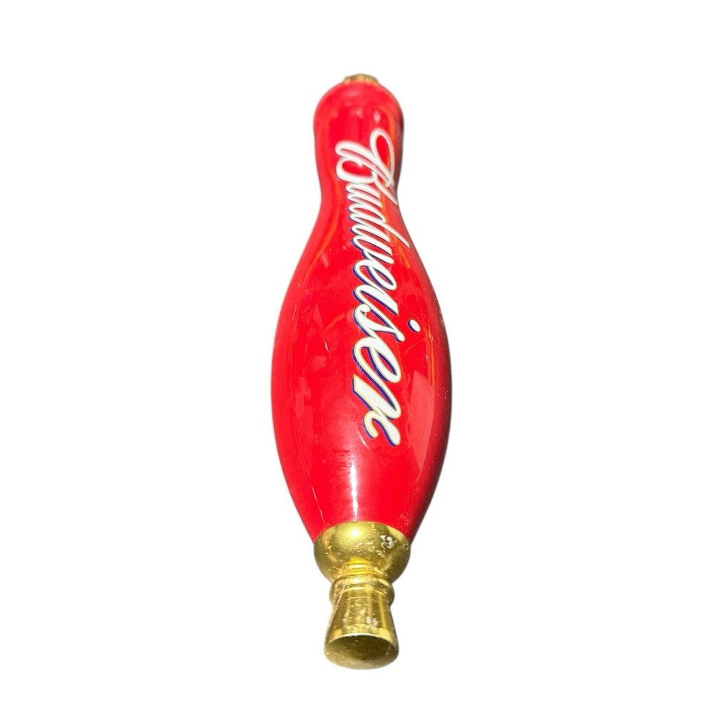 Vintage Red Budweiser Beer Tap Handle 12" White Script Gold Base Man Cave - Picture 2 of 5